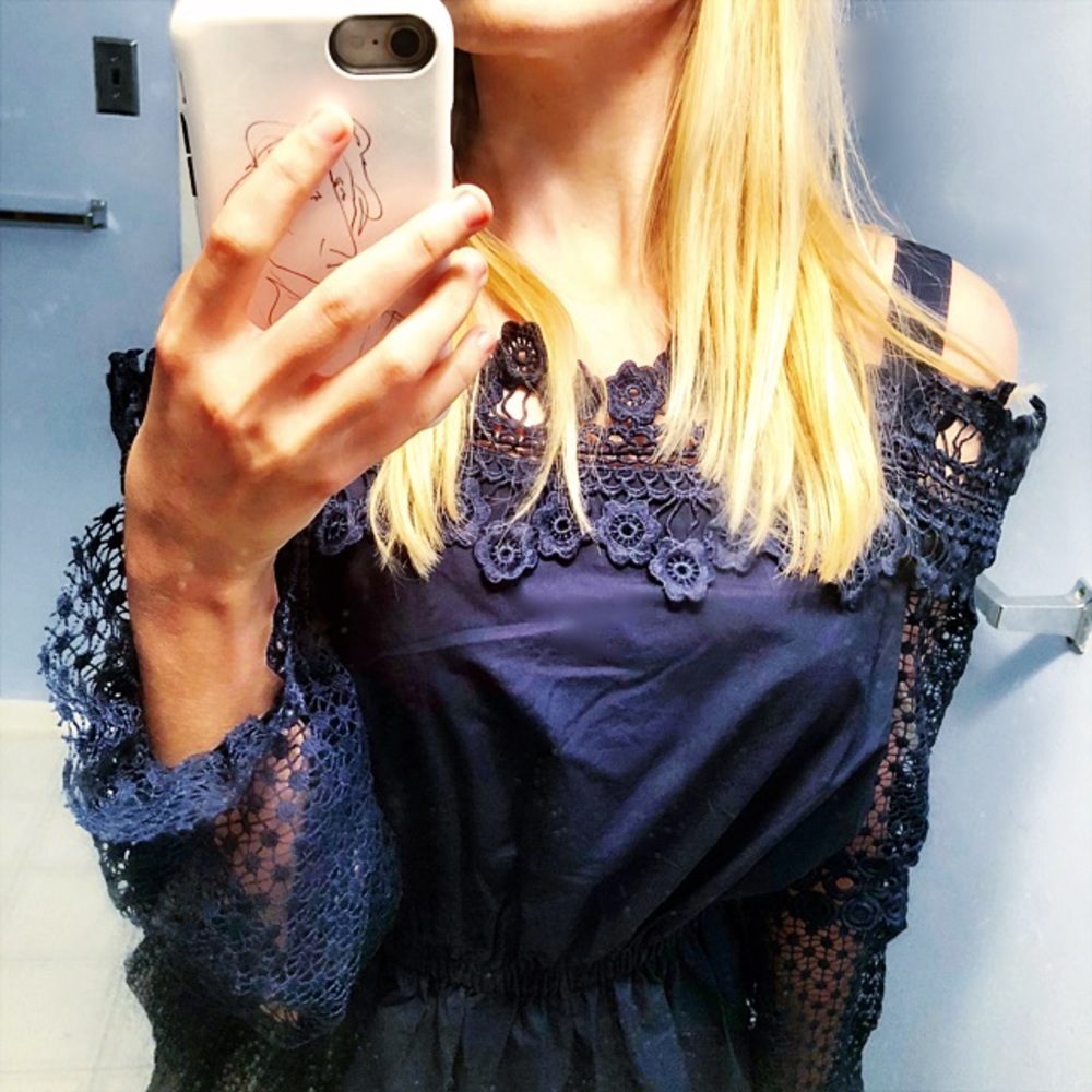 🌙 Off Shoulder Deep Blue Lace Sleeved Top - Picture 1 of 5